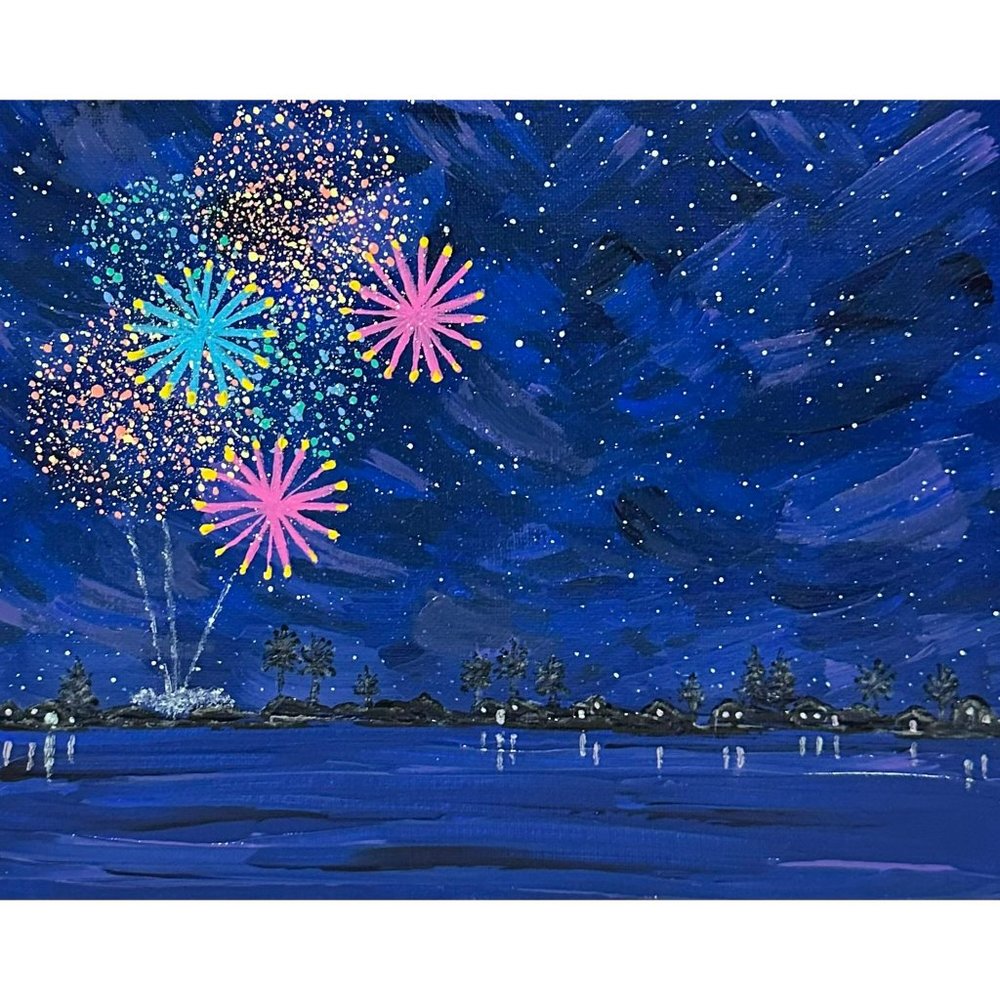 Celebrate 4 - Fireworks Landscape Painting by Deb Bossert Artworks - 8" x 10"
